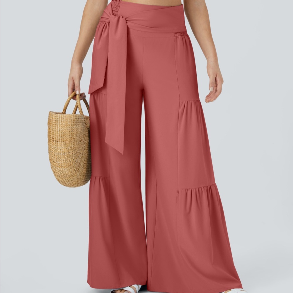 Halara Pants Breezeful Wide Leg Flowy Shirred Bow Tie Size Large